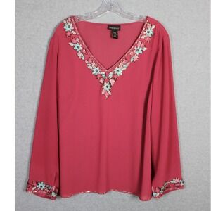 Lane Bryant Women's Plus Size 14/16 Pink Floral Embellished‎ Long Sleeve Top